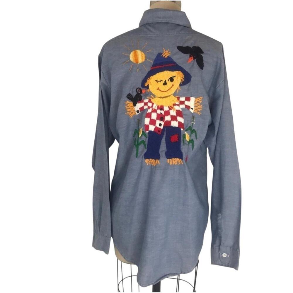 Vintage Embroidered Scarecrow Button Up Shirt Fall Halloween Folk Art Size XL